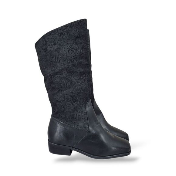 Makron Shoes - Makron Suela Black Leather and Floral Suede Semi Slochy Women's Boots